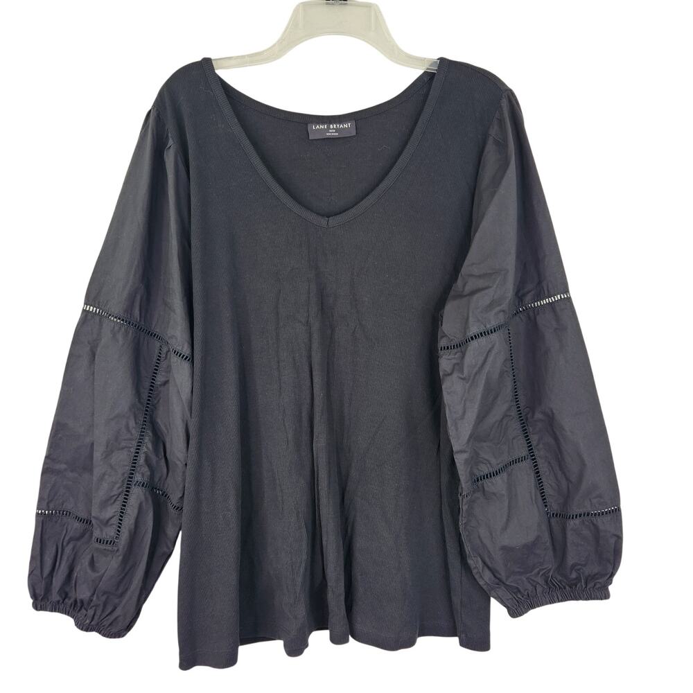 Lane Bryant Black Blouse Eyelet Cutout Puff Sleeve Women's Size 18/20